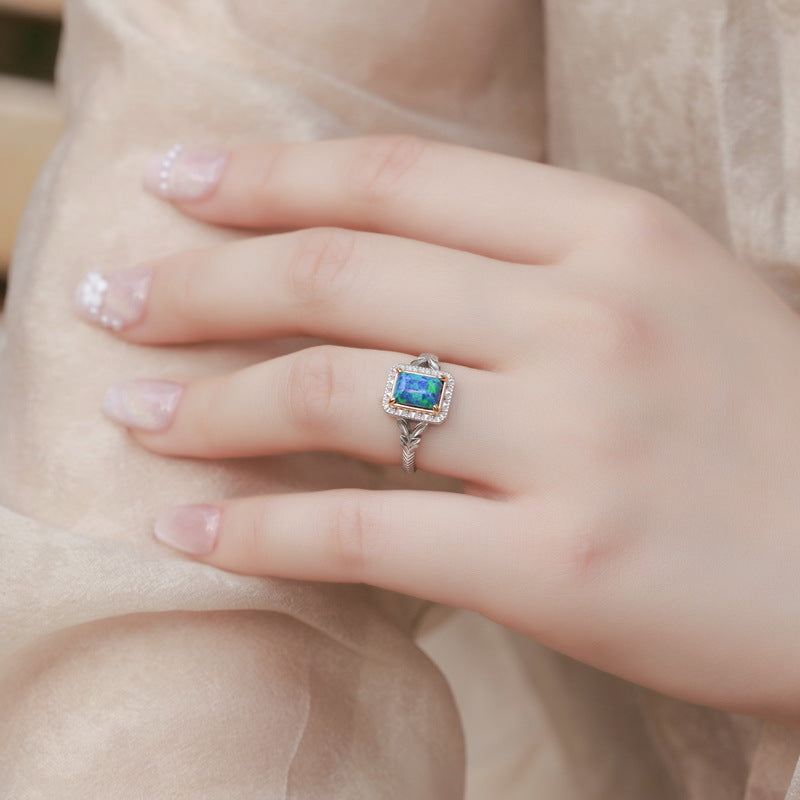 S925 Sterling Silver Jewelry Ring Blue Opal Gemstone Vintage Square Style Rings