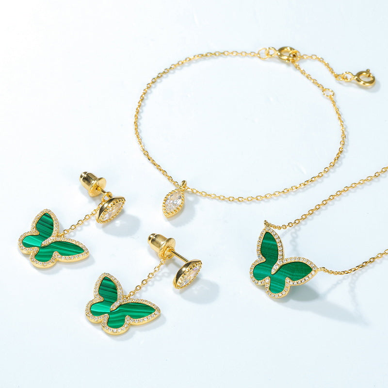 S925 Sterling Silver Jewelry Earrings Natural Malachite Gemstone Butterfly Style Drop Earrings