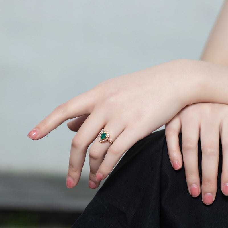 S925 Sterling Silver Jewelry Ring Natural Green Agate Gemstone Palace Style Charming Rings