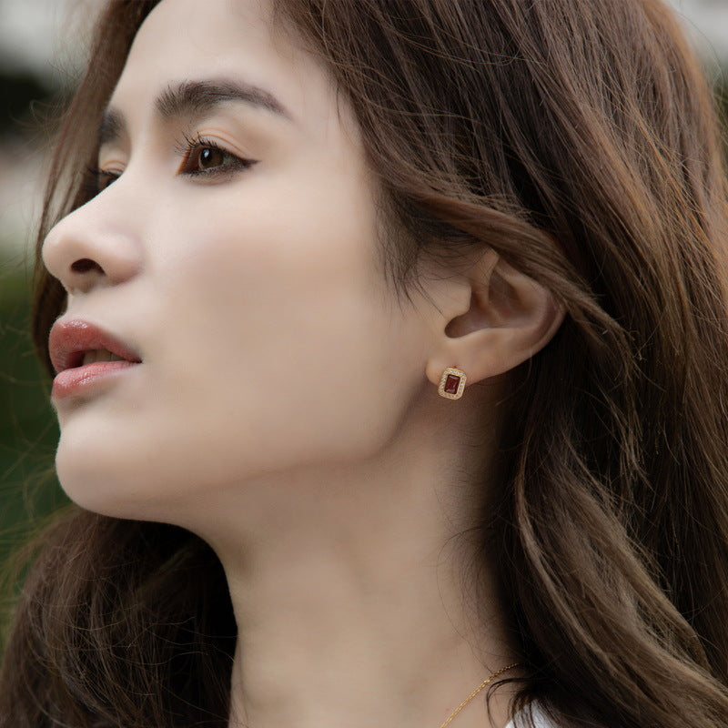 S925 Sterling Silver Jewelry Earrings Natural Mozambique Garnet Gemstone Geometric Earrings