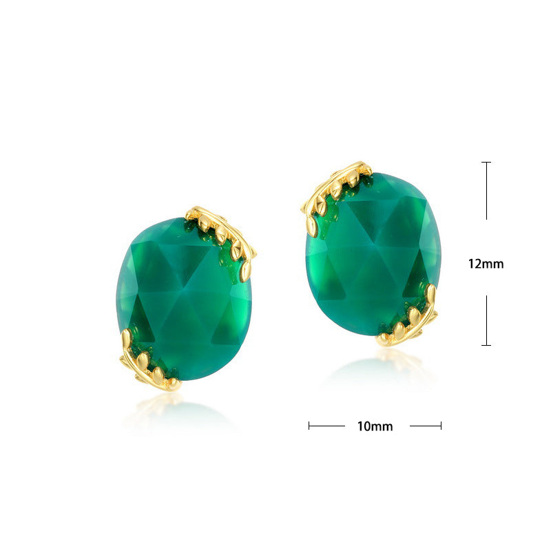 S925 Sterling Silver Jewelry Earrings Natural Green Agate Gemstone Fashion Stud Earrings