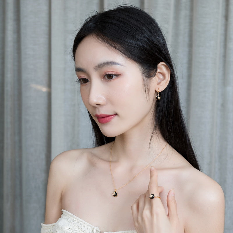 S925 Sterling Silver Jewelry Ring Natural Black Onyx Gemstone Lucky Clover Style Rings