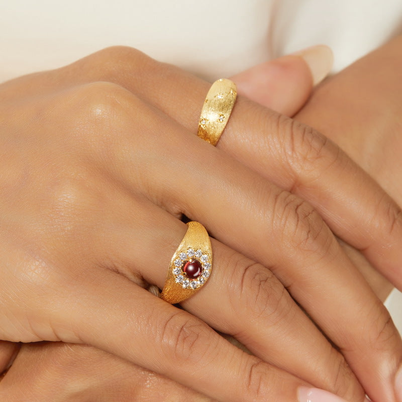 S925 Sterling Silver Jewelry Ring Natural Mozambique Garnet Brushed Finish Luxury Rings