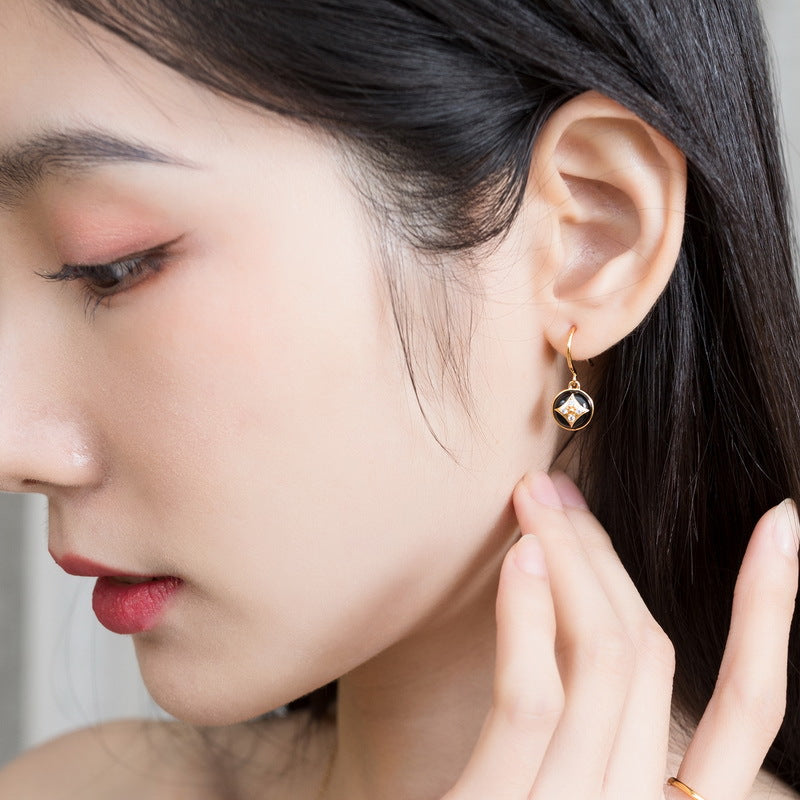 S925 Sterling Silver Jewelry Earrings Natural Black Onyx Gemstone Geometric Style Earrings