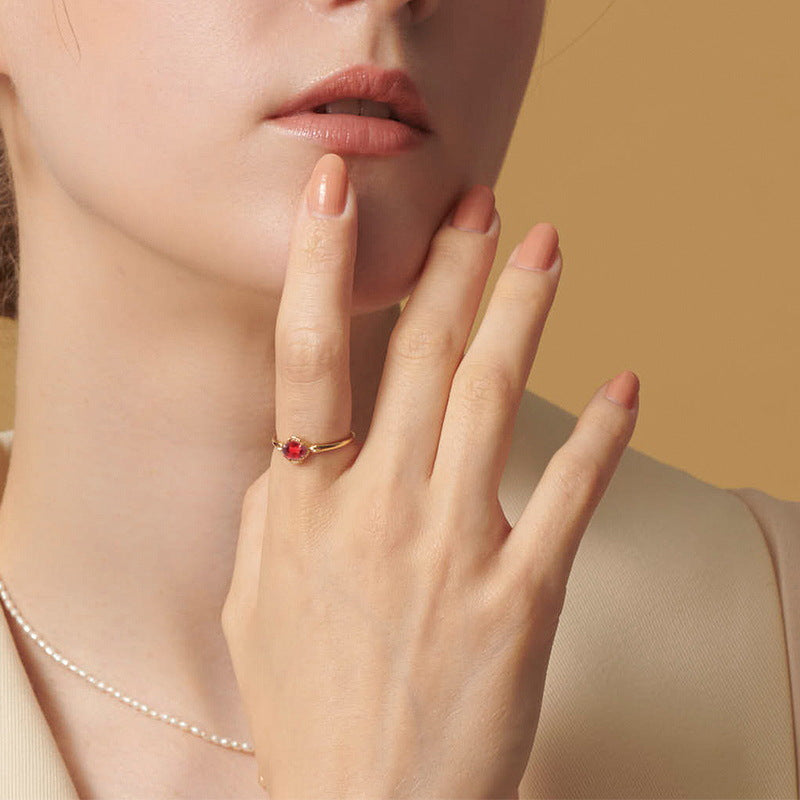 S925 Sterling Silver Jewelry Ring Natural Garnet Gemstone Gold Plating Simple Luxury Rings