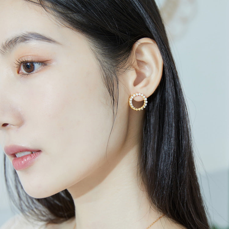 S925 Sterling Silver Jewelry Earrings Shell Pearl Gemstone Circle Style Earrings