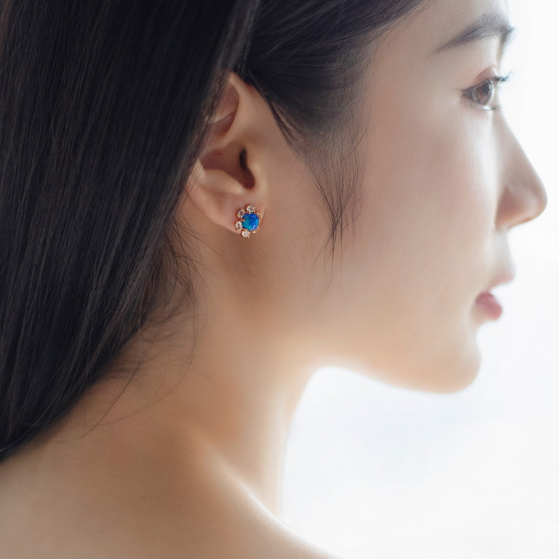 S925 Sterling Silver Jewelry Earrings Gold Plating Blue Opal Gemstone Floral Style Stud Earrings