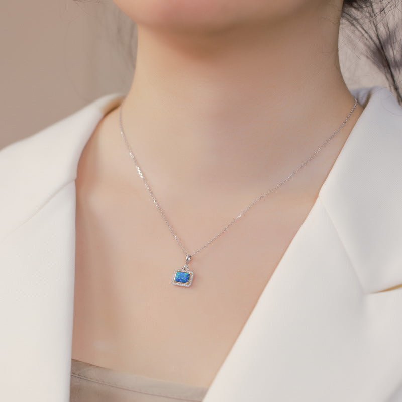S925 Sterling Silver Jewelry Pendant Blue Opal Gemstone Luxury Choker Necklace Pendant