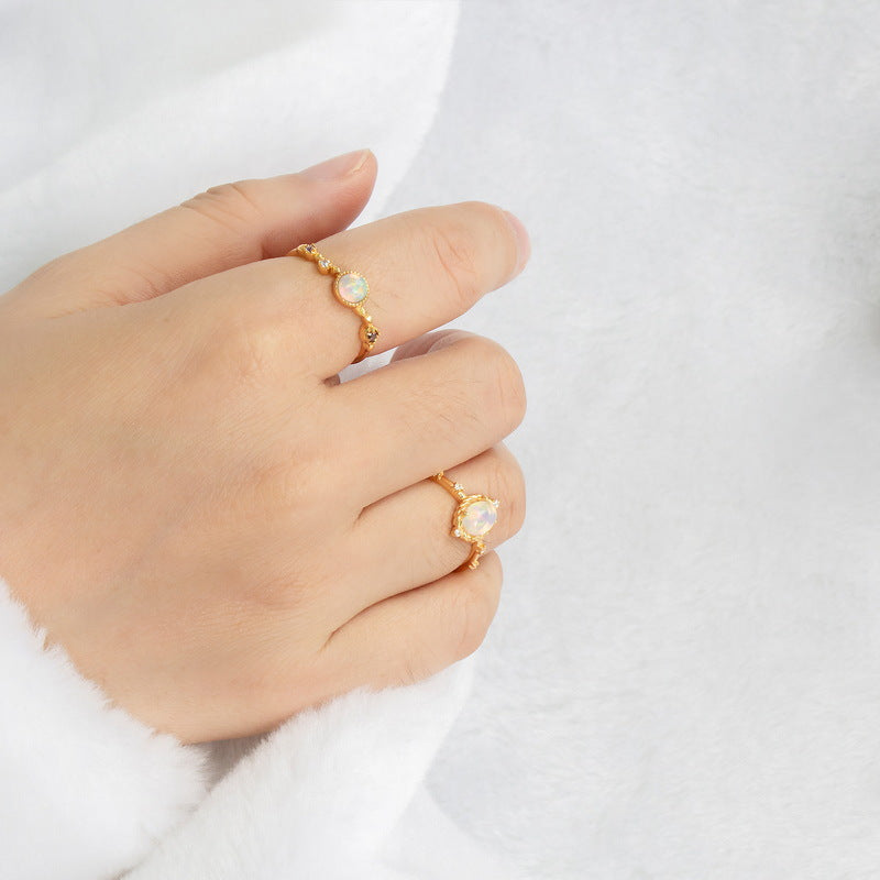 S925 Sterling Silver Jewelry Rings Gold Plating Opal Gemstone Vintage Style Rings