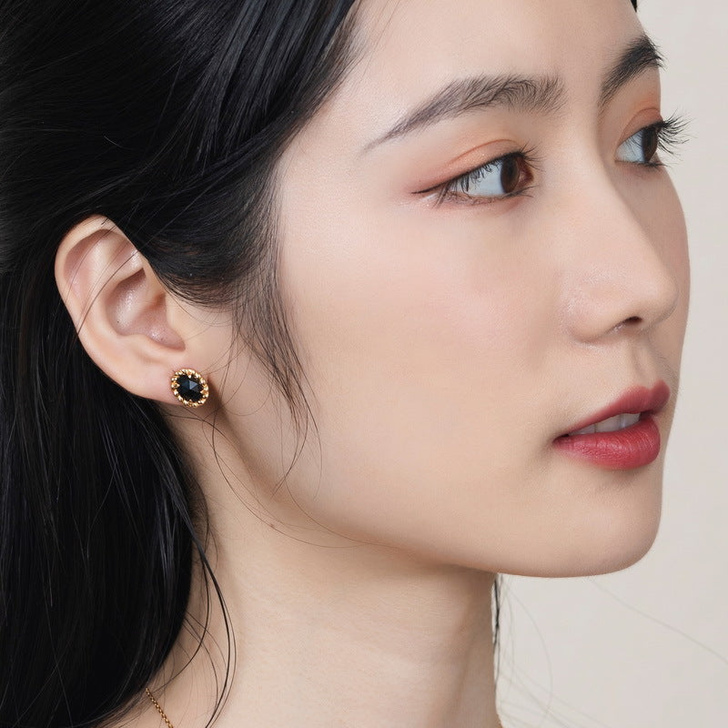 S925 Sterling Silver Jewelry Earrings Natural Black Onyx Gemstone Gold Plating Earrings