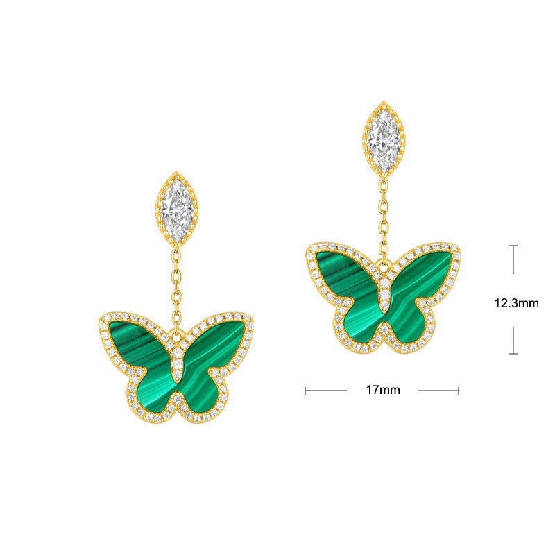 S925 Sterling Silver Jewelry Earrings Natural Malachite Gemstone Butterfly Style Drop Earrings