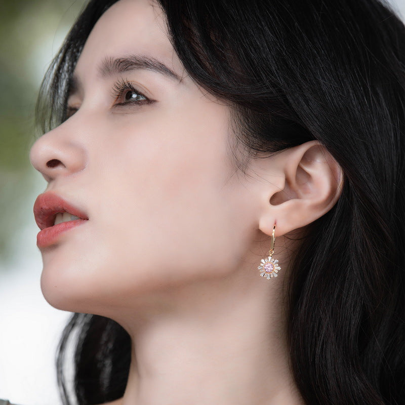 S925 Sterling Silver Jewelry Earrings Pink Zircon Gemstone Sunflower Style Fashion Earrings