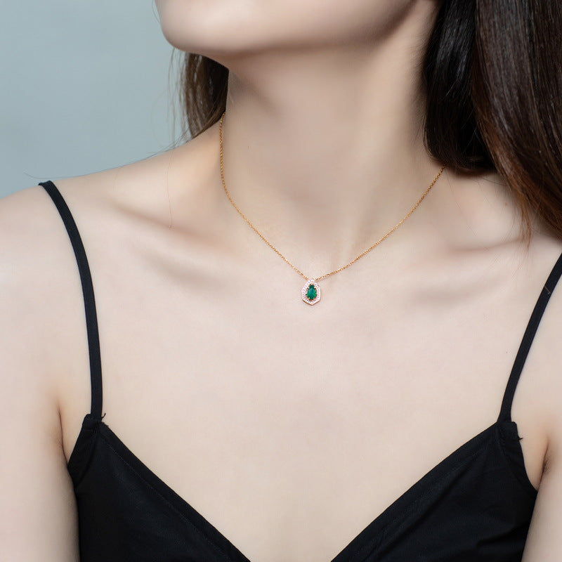 S925 Sterling Silver Jewelry Necklace Natural Green Agate Gemstone Palace Style Charms Necklace