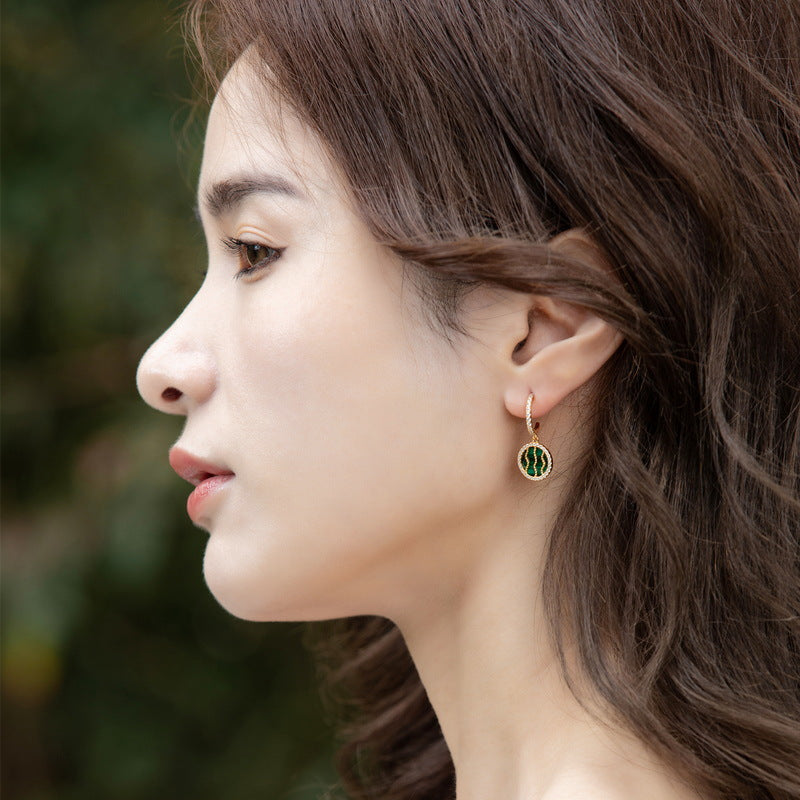 S925 Sterling Silver Jewelry Earrings Natural Malachite Gemstone Round Style Drop Earrings