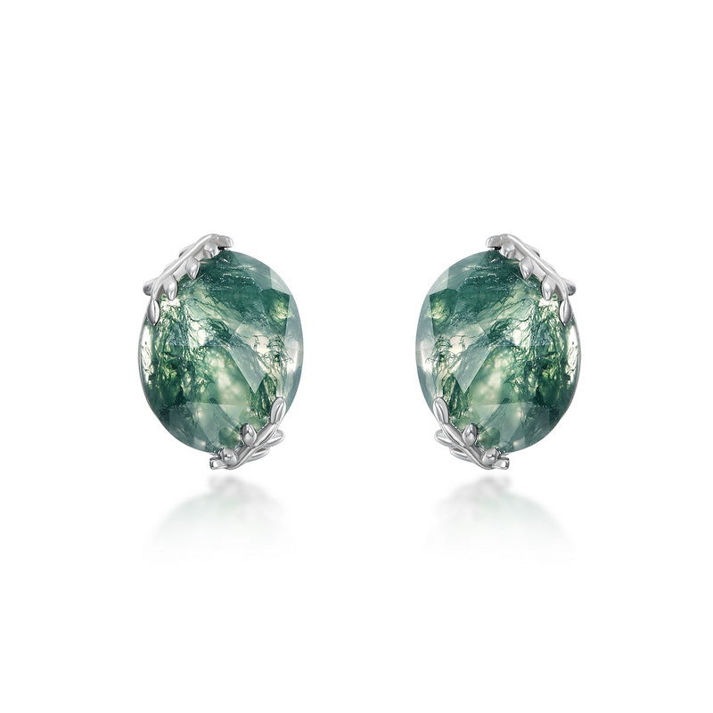 S925 Sterling Silver Jewelry Earrings Natural Green Agate Gemstone Fashion Stud Earrings