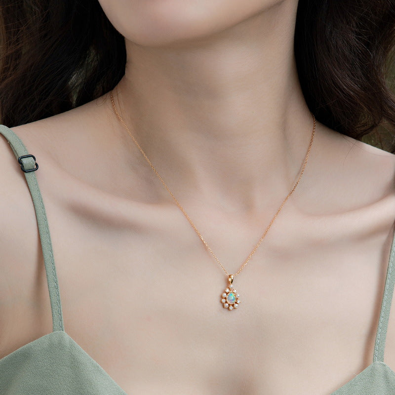 S925 Sterling Silver Jewelry Charms Gold Plating Opal Gemstone Choker Necklace Pendant