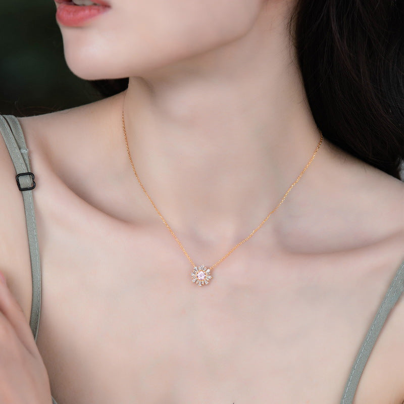 S925 Sterling Silver Jewelry Necklace Pink Zircon Gemstone Sunflower Style Charms Necklace