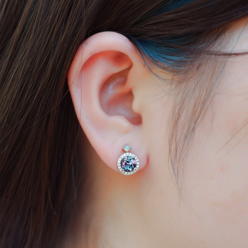S925 Sterling Silver Jewelry Earrings Alexandrite Gemstone Round Style Stud Earrings