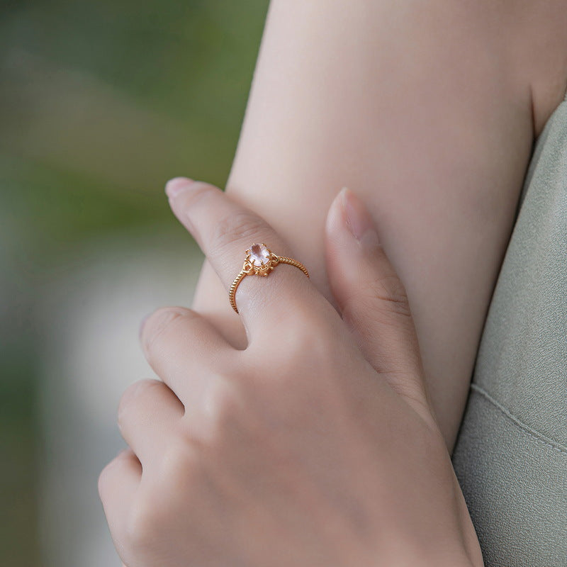 S925 Sterling Silver Jewelry Ring Natural Rose Quartz Gemstone Palace Style Rings