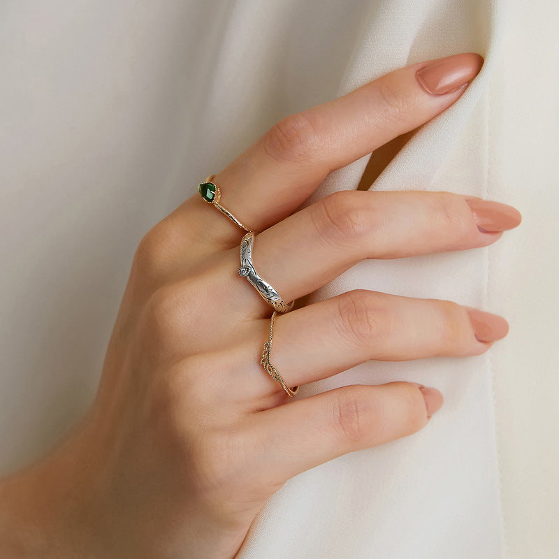 S925 Sterling Silver Jewelry Ring Natural Green Agate Gemstone Simple Luxury Stacking Rings