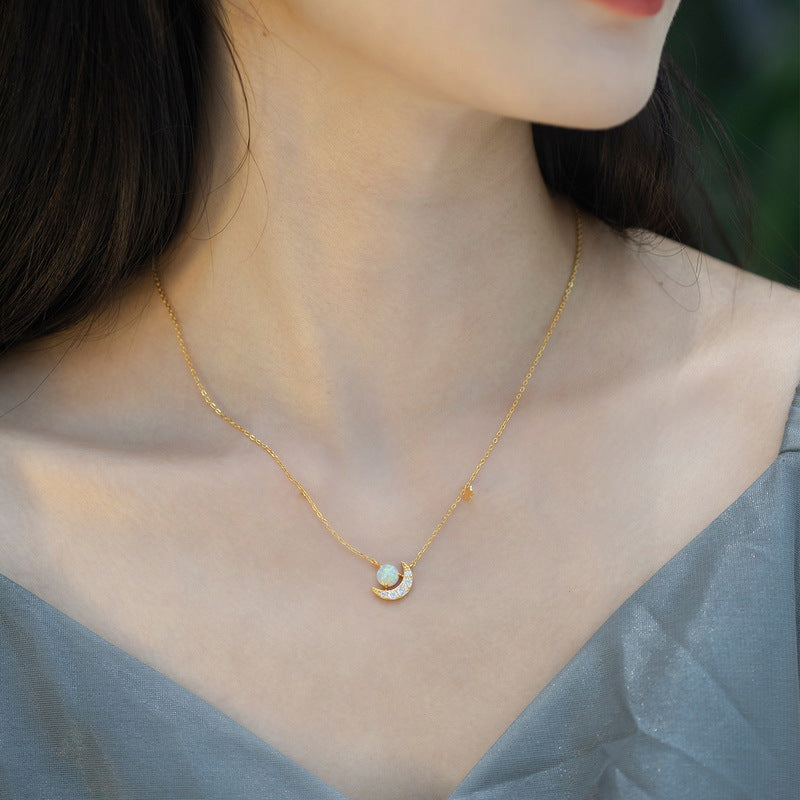 S925 Sterling Silver Jewelry Necklace Gold Plating Opal Gemstone Moon Style Necklace