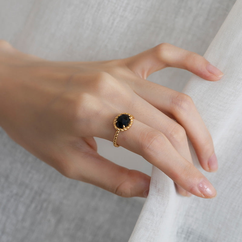 S925 Sterling Silver Jewelry Ring Natural Black Onyx Gemstone Gold Plating Simple Luxury Ring