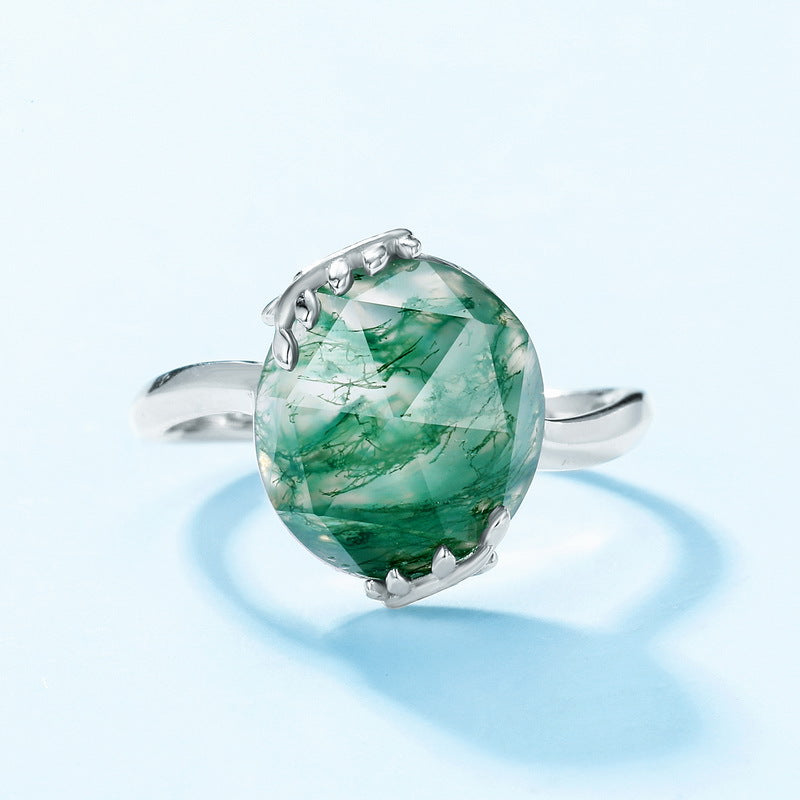 S925 Sterling Silver Jewelry Ring Natural Green Agate Gemstone Fashion Simple Luxury Rings