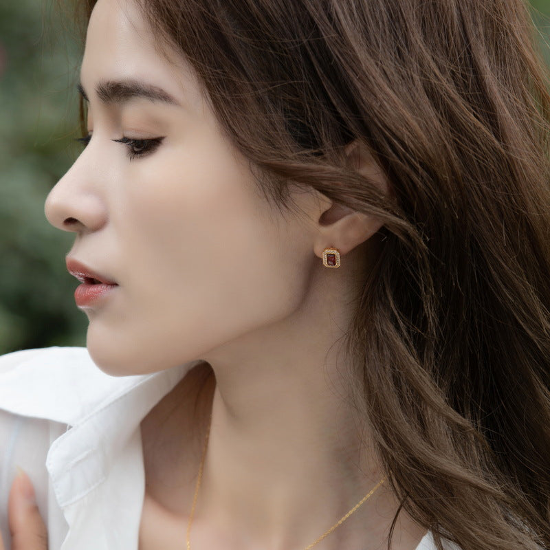 S925 Sterling Silver Jewelry Earrings Natural Mozambique Garnet Gemstone Geometric Earrings