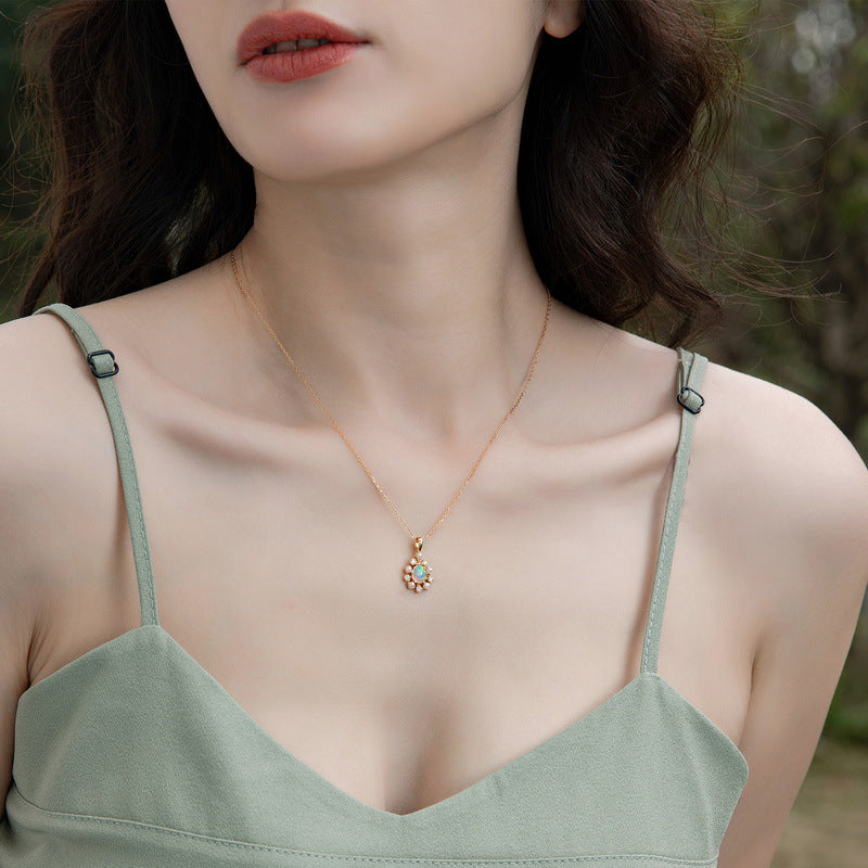 S925 Sterling Silver Jewelry Charms Gold Plating Opal Gemstone Choker Necklace Pendant