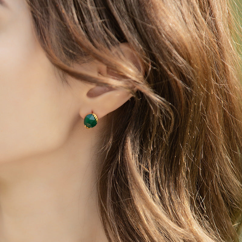 S925 Sterling Silver Jewelry Earrings Natural Green Agate Gemstone Fashion Stud Earrings