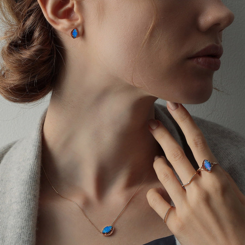 S925 Sterling Silver Jewelry Necklaces Blue Opal Gemstone Mariquesa Style Charms Necklace