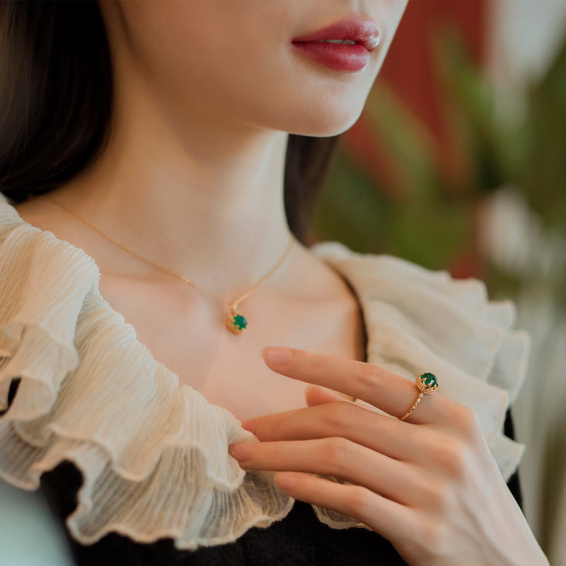 S925 Sterling Silver Jewelry Ring Natural Green Agate Gemstone Luxury Palace Style Rings