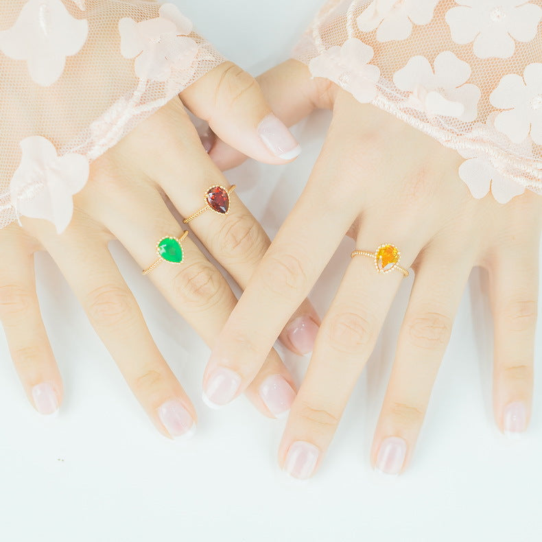 S925 Sterling Silver Jewelry Ring Natural Mozambique Garnet Gemstone Water Drop Style Rings