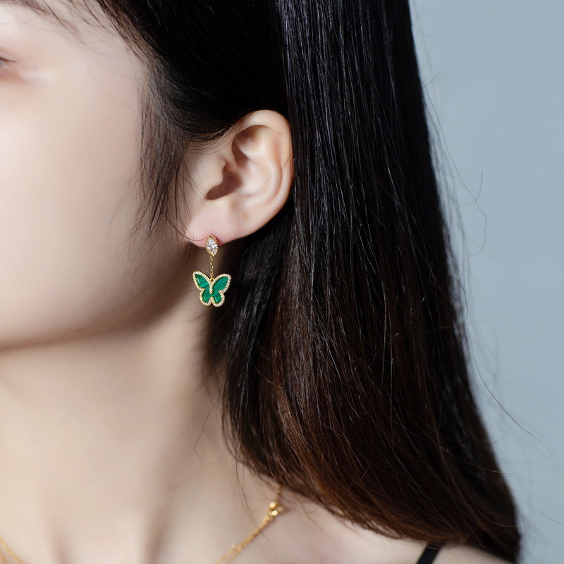 S925 Sterling Silver Jewelry Earrings Natural Malachite Gemstone Butterfly Style Drop Earrings
