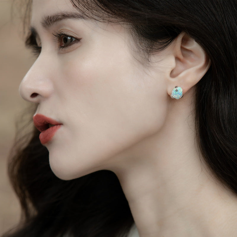S925 Sterling Silver Jewelry Earrings Magical Color Opal Gemstone Irregular Style Stud Earrings
