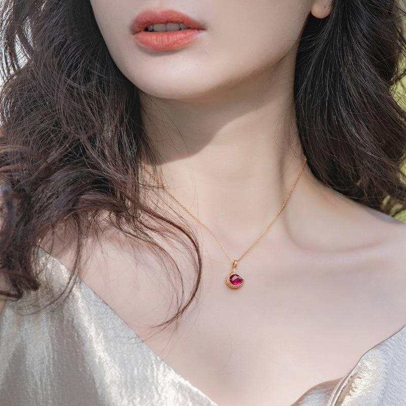 S925 Sterling Silver Jewelry Pendants Red Corundum Gemstone Simple Luxury Necklace Charms