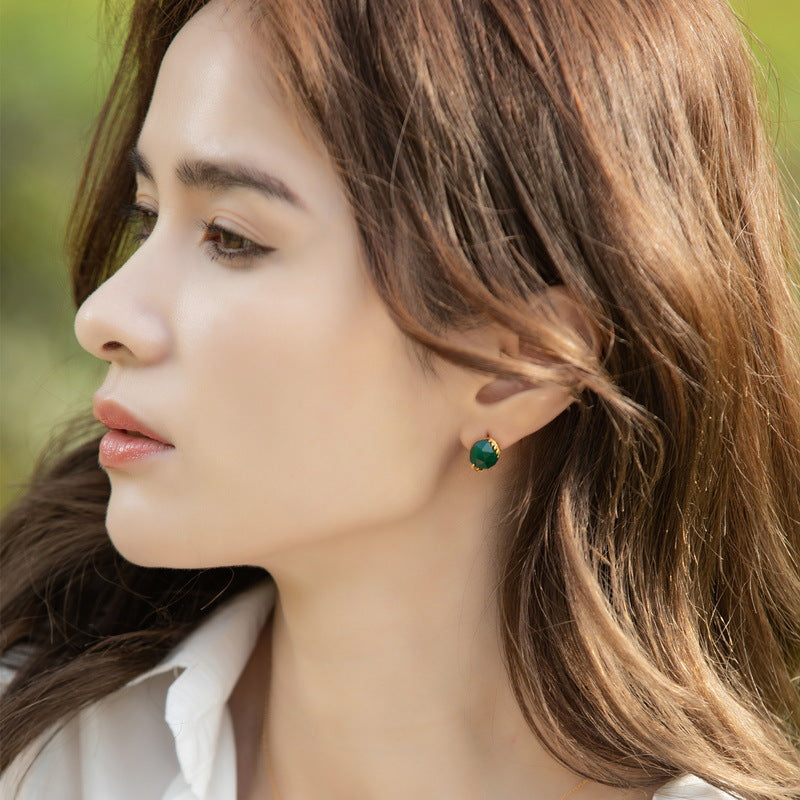 S925 Sterling Silver Jewelry Earrings Natural Green Agate Gemstone Fashion Stud Earrings