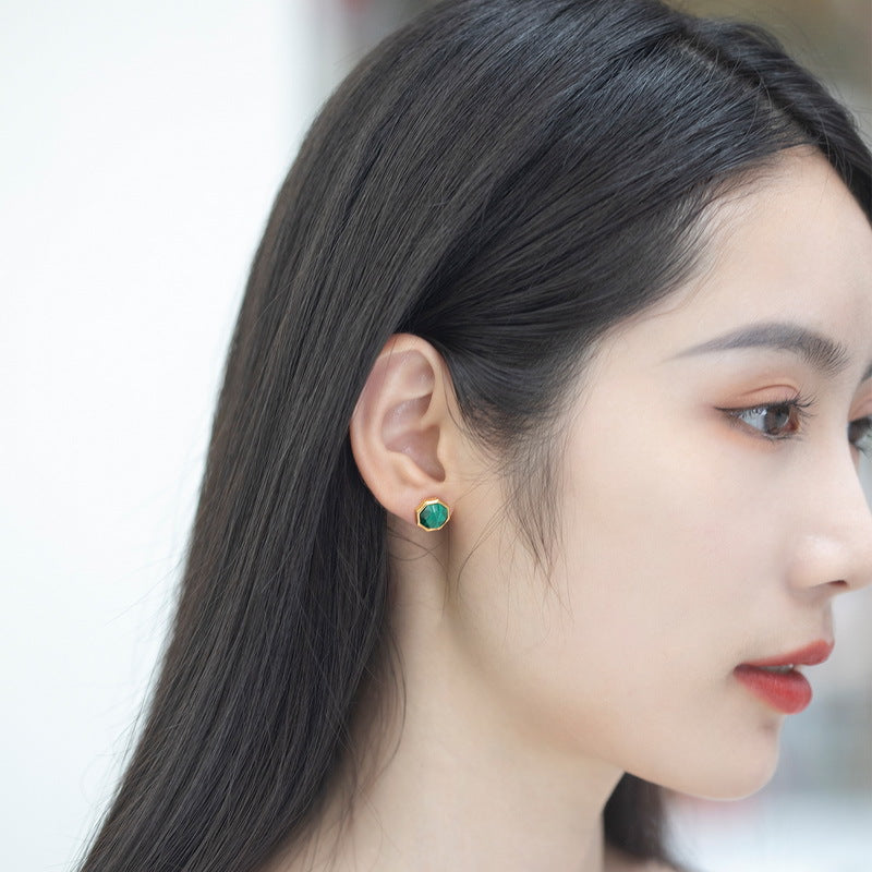 S925 Sterling Silver Jewelry Earrings Natural Malachite Gemstone Geometric Stud Earrings