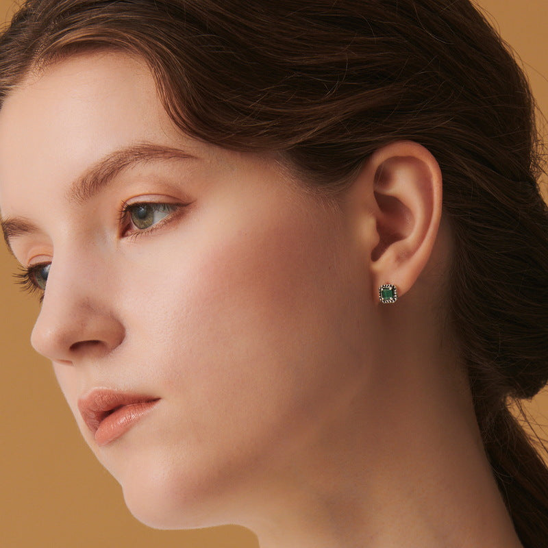 S925 Sterling Silver Jewelry Earrings Natural Malachite Gemstone Asymmetric Earrings