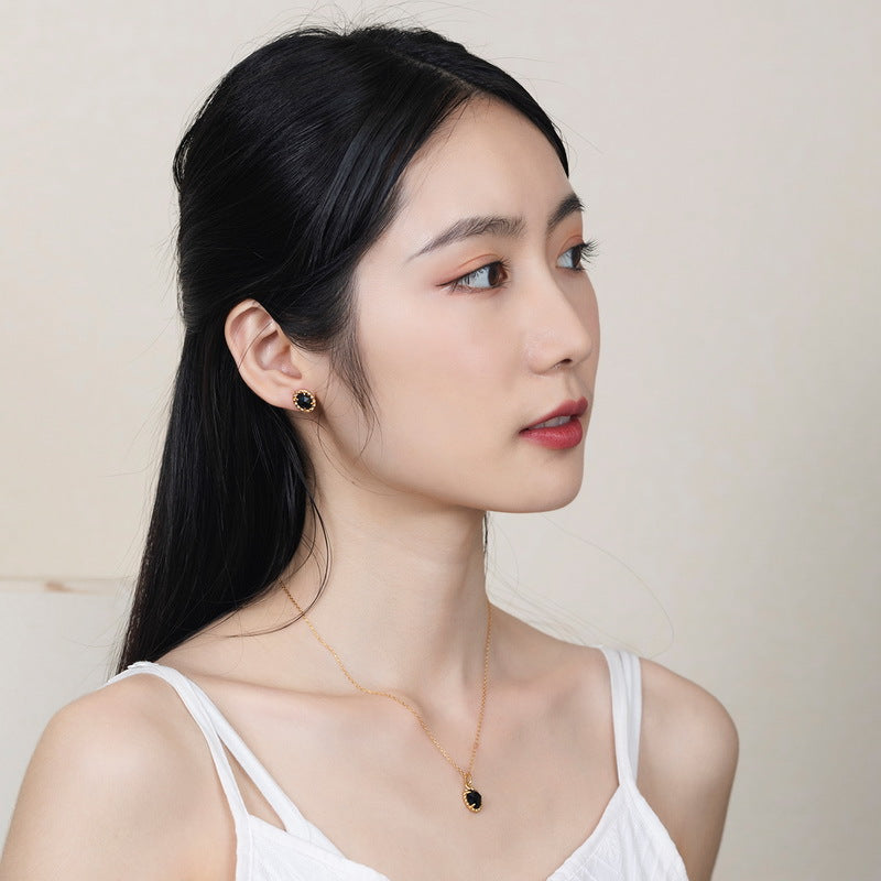 S925 Sterling Silver Jewelry Earrings Natural Black Onyx Gemstone Gold Plating Earrings