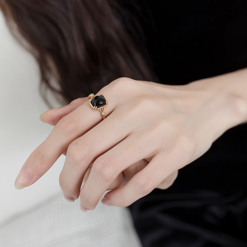 S925 Sterling Silver Jewelry Ring Natural Black Onyx Gemstone Vintage Folk Style Rings