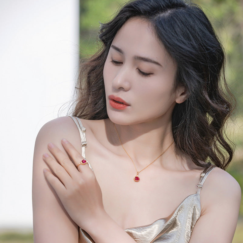 S925 Sterling Silver Jewelry Pendants Red Corundum Gemstone Simple Luxury Necklace Charms